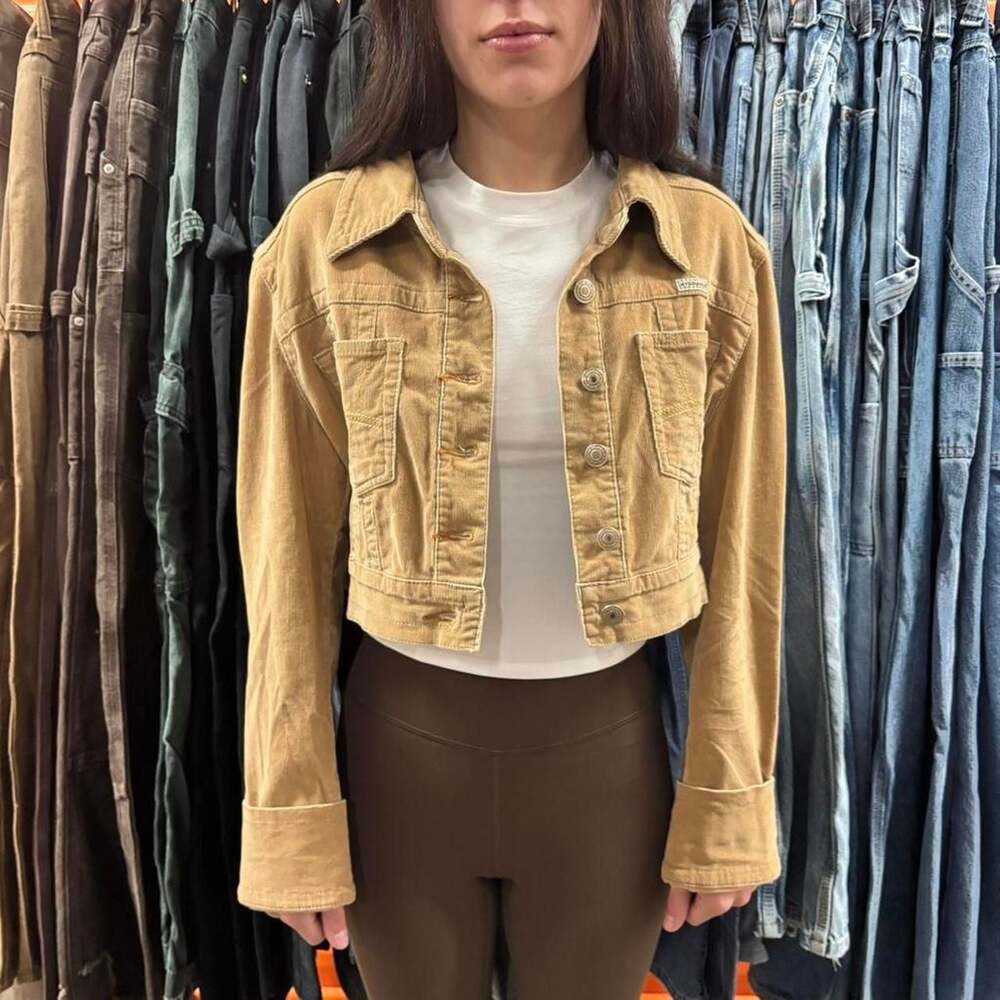 Vintage Hydraulic Cropped Tan Corduroy Jacket, Y2K Skater Style, Size XL